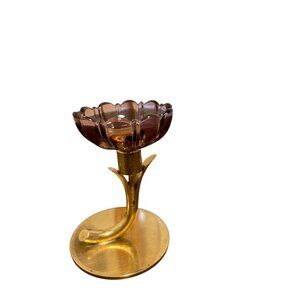 Vintage Ystad Metall Ander MCM Candle Stick Holder Tulip Brass Amethyst Glass